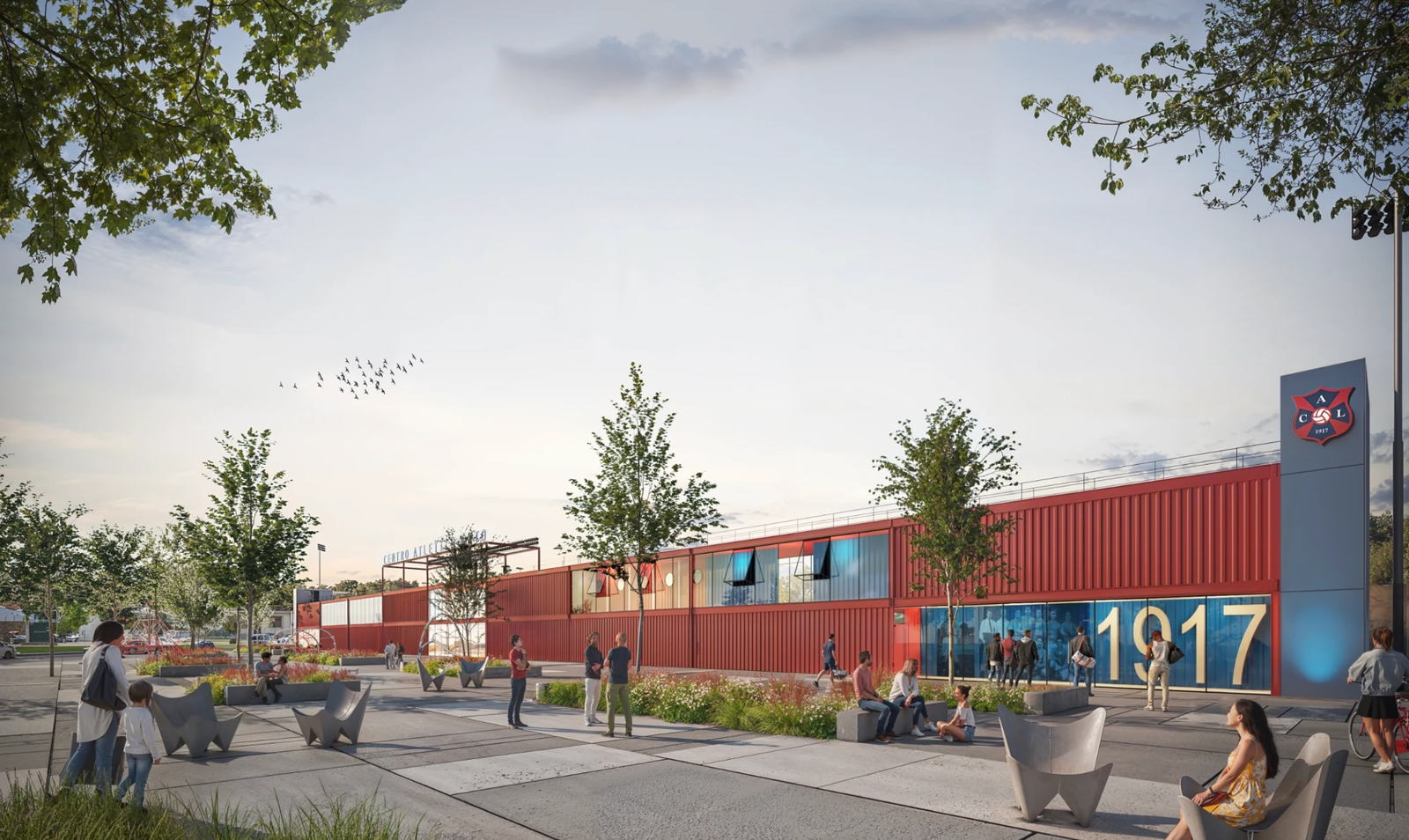 Render del frente del proyecto sobre la calle, con la plaza y el muro del año de fundación